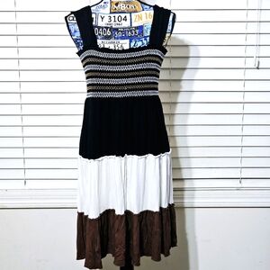Spense Women's Ruffled Tiered Dress Black White Brown Print Boho Sz Large